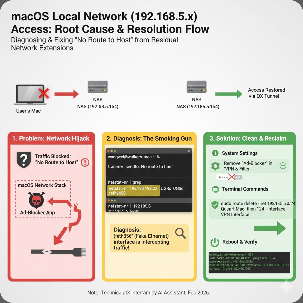 技术日志：macOS 局域网段 (192.168.5.x) 访问故障排查与修复