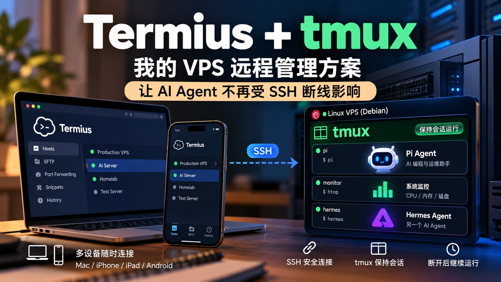 Termius + tmux：我的 VPS 远程管理方案，让 AI Agent 不再受 SSH 断线影响