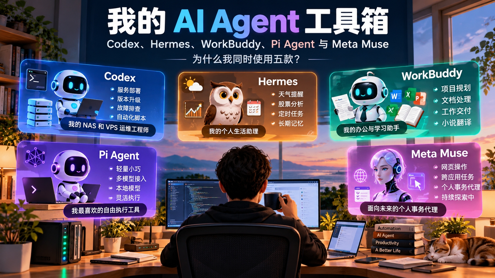 我的 AI Agent 工具箱：Codex、Hermes、WorkBuddy、Pi Agent 与 Meta Muse，为什么我同时使用五款？